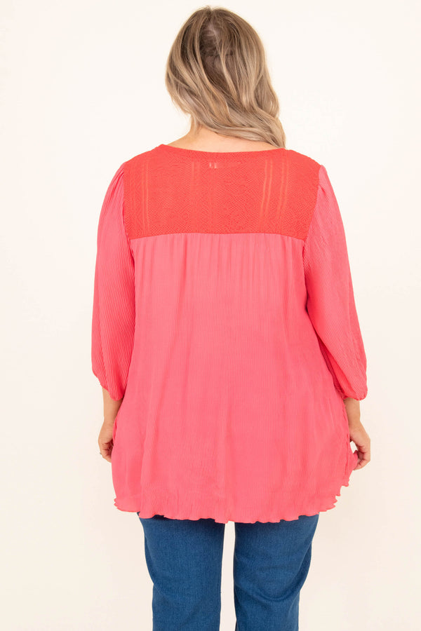Chic Soul plus size clothing, coral pink 3/4 length sleeve ruffle top