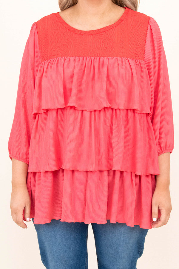 Chic Soul plus size clothing, coral pink 3/4 length sleeve ruffle top