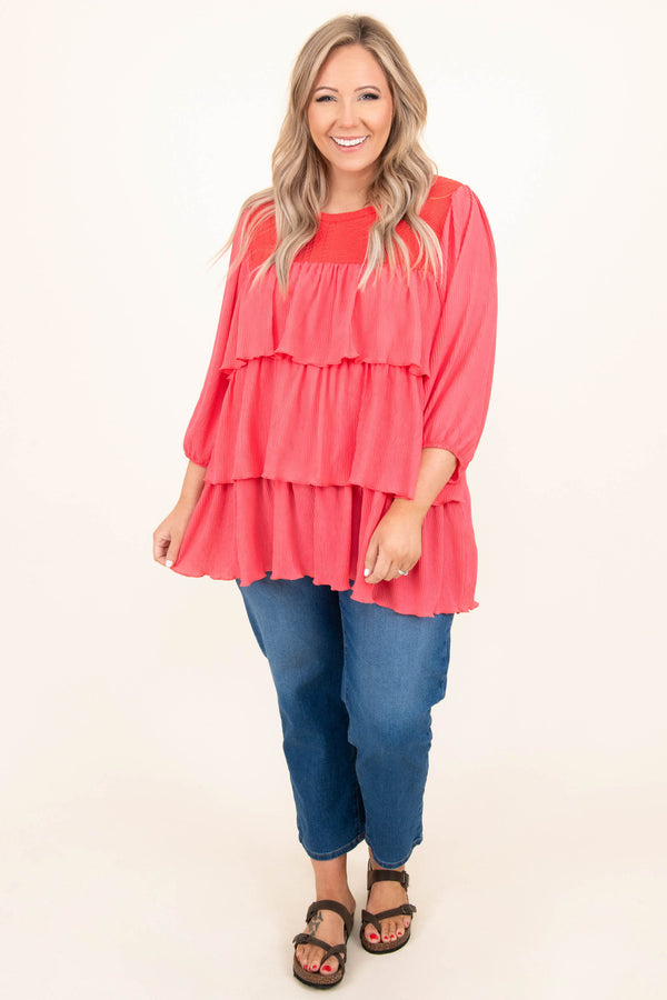 Chic Soul plus size clothing, coral pink 3/4 length sleeve ruffle top