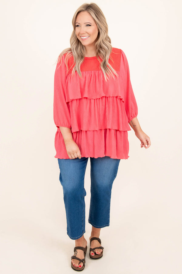 Chic Soul plus size clothing, coral pink 3/4 length sleeve ruffle top
