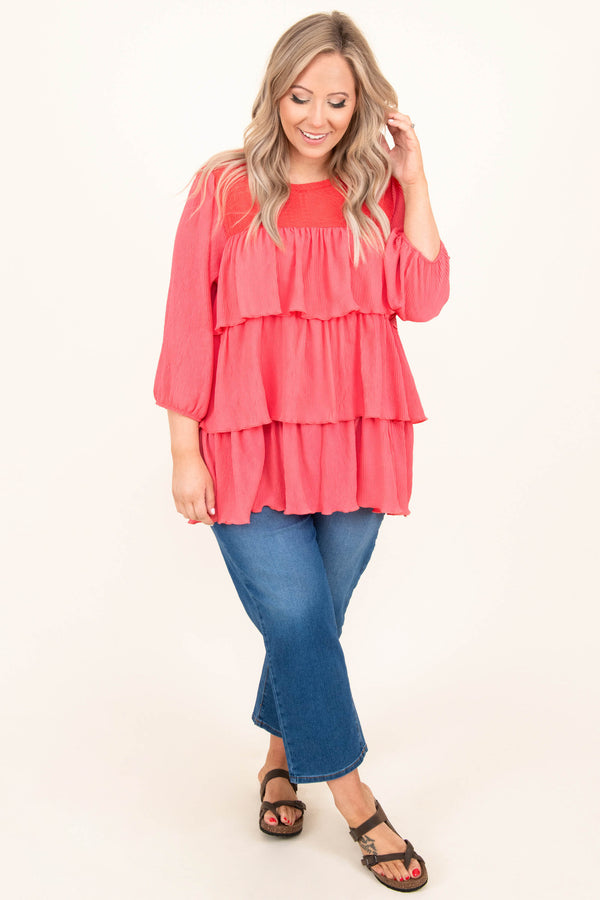 Chic Soul plus size clothing, coral pink 3/4 length sleeve ruffle top