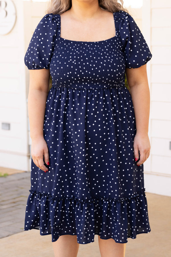Chic Soul plus size clothing, navy blue short puff sleeve square neck babydoll dress with white polka dots 