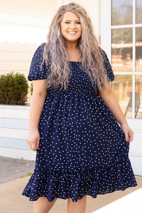 Chic Soul plus size clothing, navy blue short puff sleeve square neck babydoll dress with white polka dots 