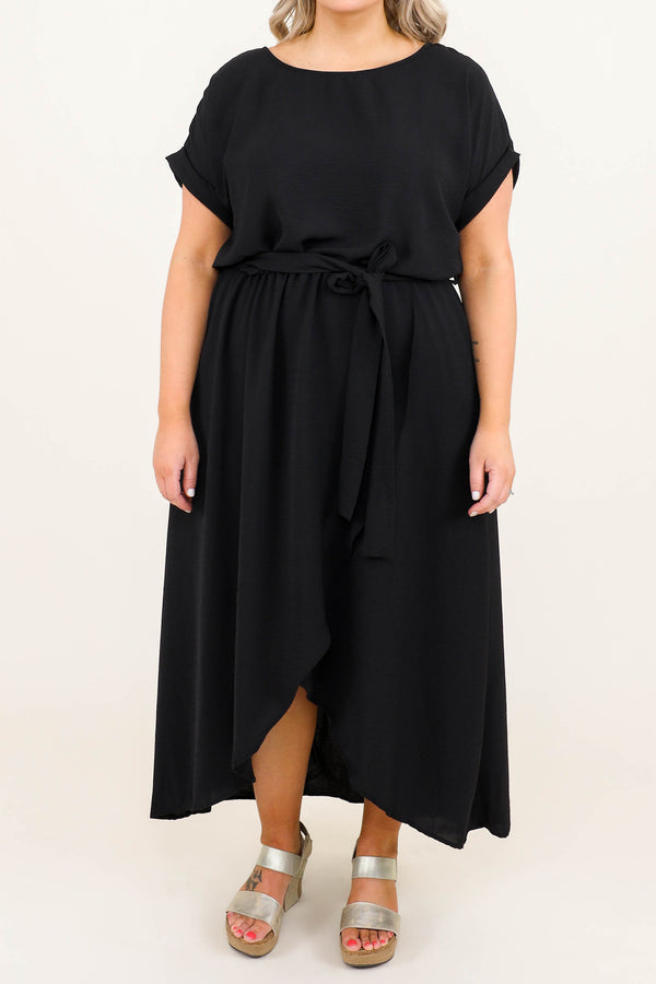 Chic Soul plus size clothing, black short sleeve tie waist tie waist with front slit