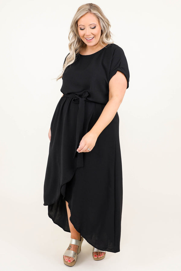 Chic Soul plus size clothing, black short sleeve tie waist tie waist with front slit
