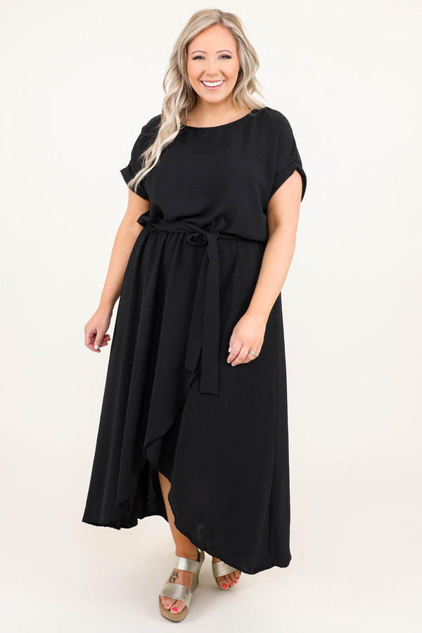 Chic Soul plus size clothing, black short sleeve tie waist tie waist with front slit