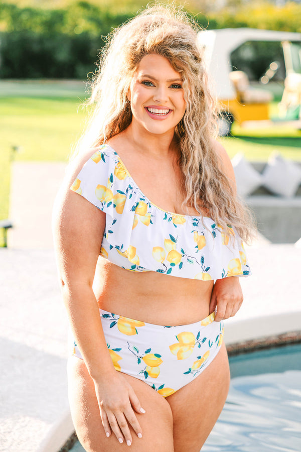 Chic Soul plus size clothing, white one shoulder swim top with yellow lemon print pattern