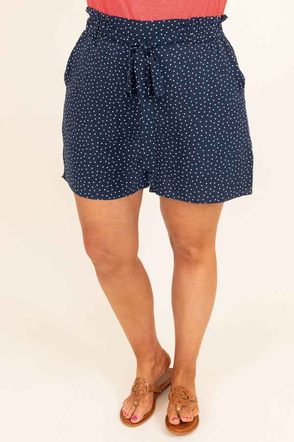 Chic Soul plus size clothing, navy paper bag waist belted polka dotted casual shorts