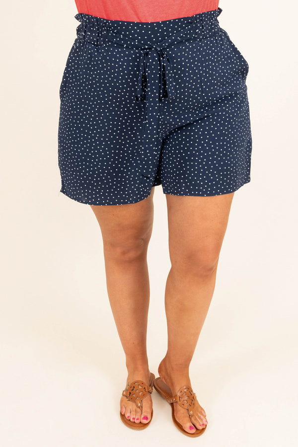 Chic Soul plus size clothing, navy paper bag waist belted polka dotted casual shorts