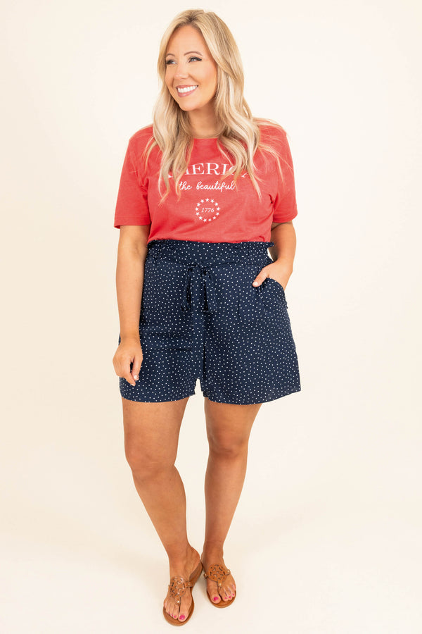 Chic Soul plus size clothing, navy paper bag waist belted polka dotted casual shorts