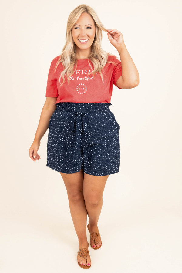 Chic Soul plus size clothing, navy paper bag waist belted polka dotted casual shorts