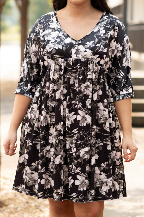Chic Soul plus size clothing, black floral print half length sleeve babydoll dress with pockets