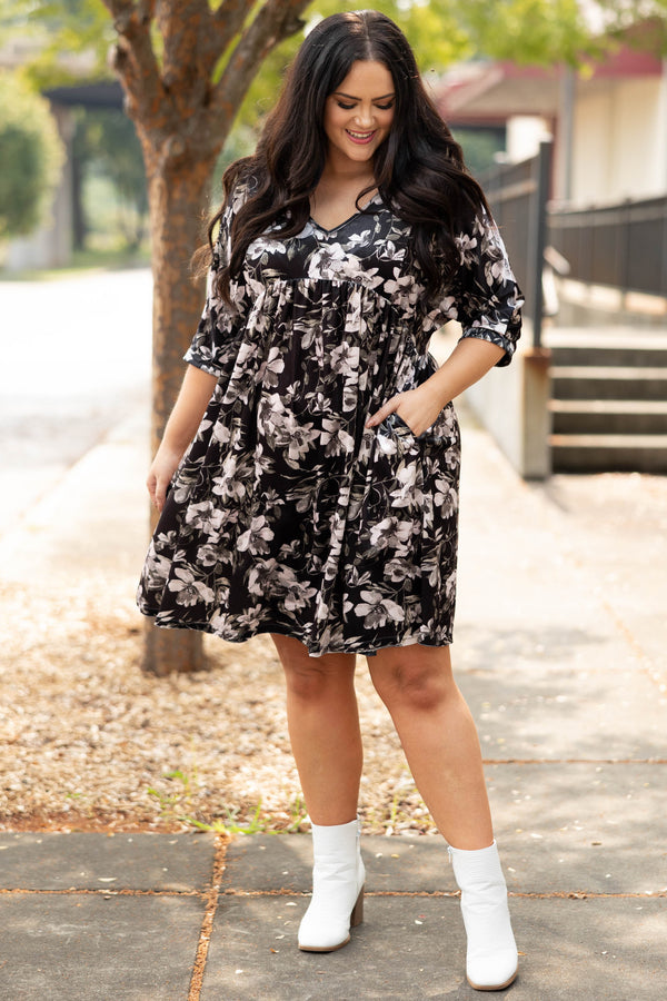 Chic Soul plus size clothing, black floral print half length sleeve babydoll dress with pockets