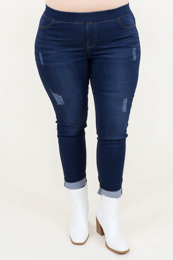 Chic Soul plus size clothing, dark wash ankle length skinny jeggings with distressed patches
