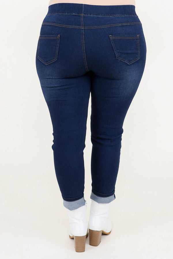 Chic Soul plus size clothing, dark wash ankle length skinny jeggings with distressed patches