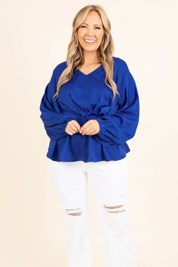 Chic Soul plus size clothing, blue long sleeves top with bubble sleeves and cinched waist