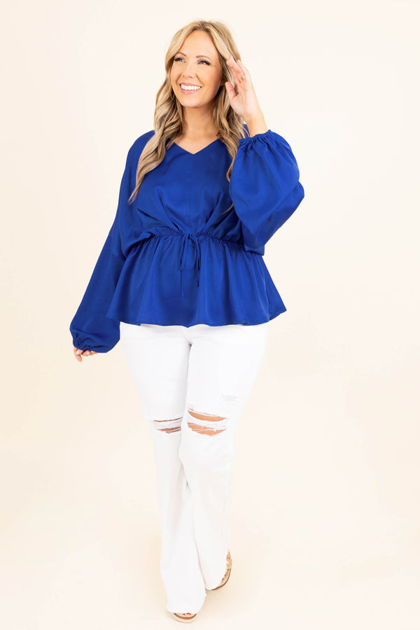 Chic Soul plus size clothing, blue long sleeves top with bubble sleeves and cinched waist