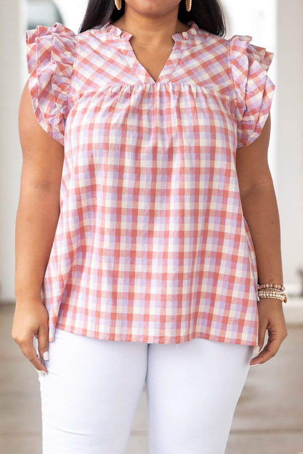 Chic Soul plus size clothing, lavender plaid patterned top with flutter sleeves