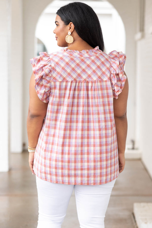 Chic Soul plus size clothing, lavender plaid patterned top with flutter sleeves