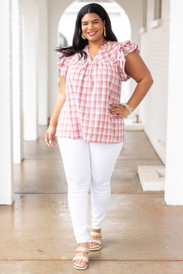 Chic Soul plus size clothing, lavender plaid patterned top with flutter sleeves