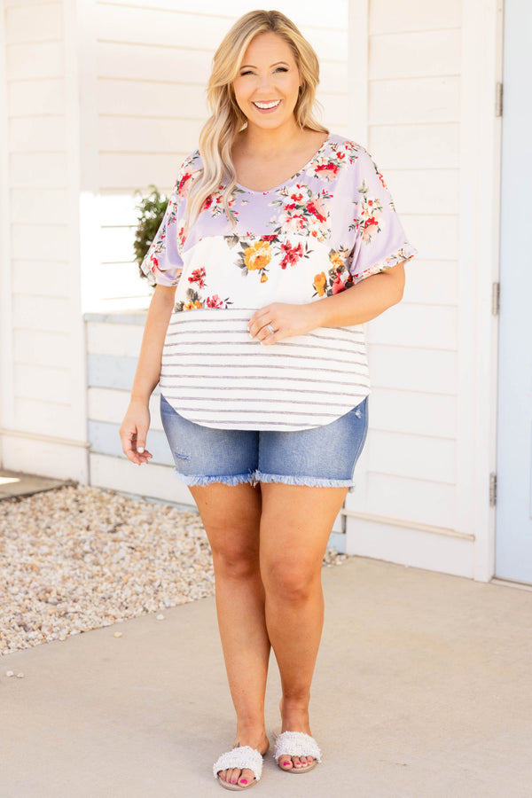 Chic Soul plus size clothing, lavender purple colorblock strips and floral short sleeve blouse 