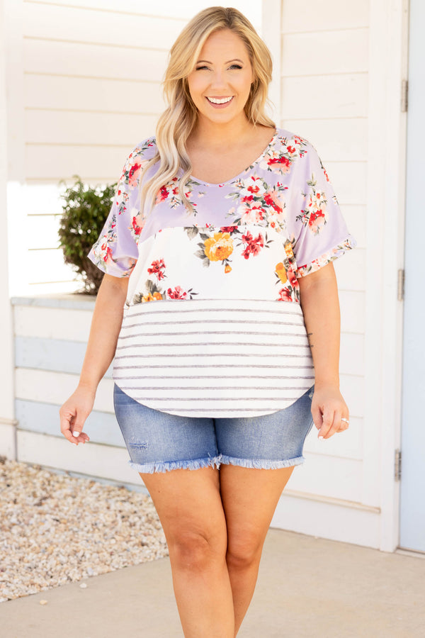 Chic Soul plus size clothing, lavender purple colorblock strips and floral short sleeve blouse 