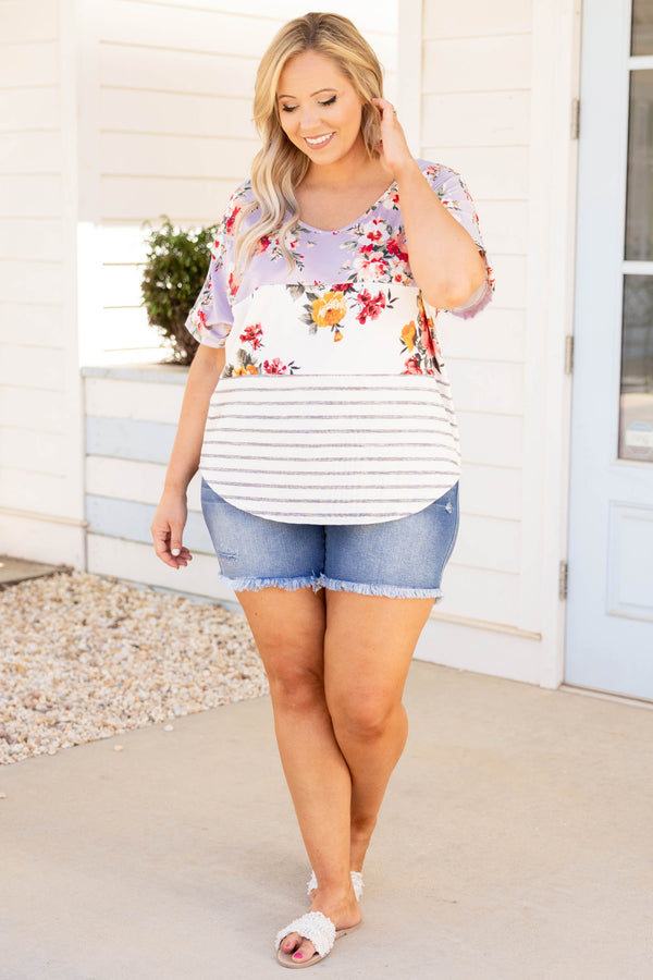 Chic Soul plus size clothing, lavender purple colorblock strips and floral short sleeve blouse 