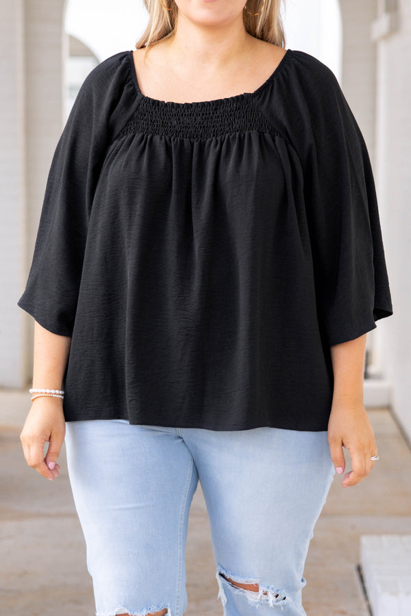 Chic Soul plus size clothing, black solid three quarter length sleeve casual top