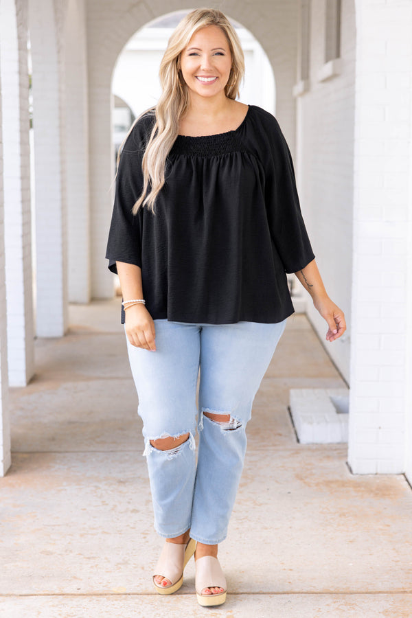 Chic Soul plus size clothing, black solid three quarter length sleeve casual top