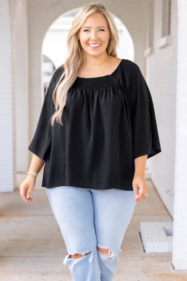 Chic Soul plus size clothing, black solid three quarter length sleeve casual top