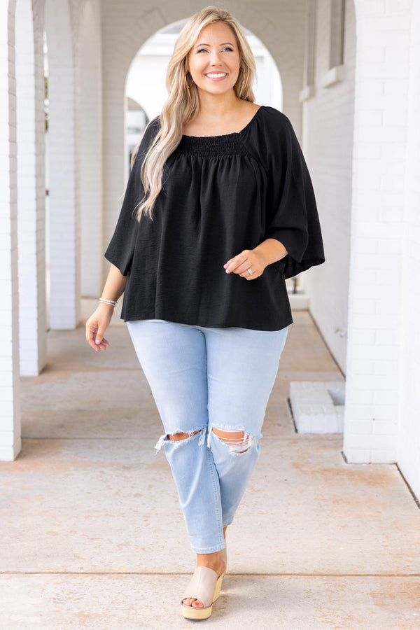 Chic Soul plus size clothing, black solid three quarter length sleeve casual top