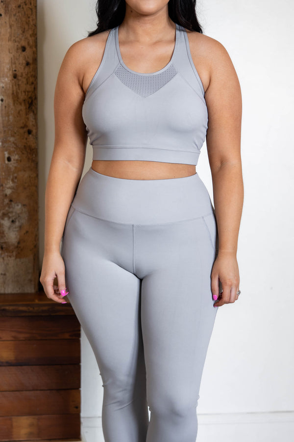 Chic Soul plus size clothing, light gray sports bra with mesh detailing