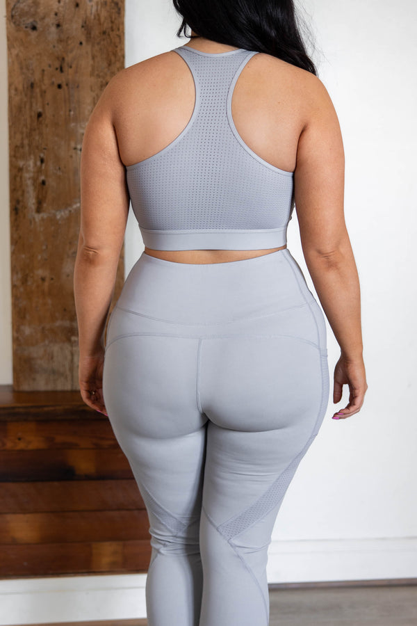 Chic Soul plus size clothing, light gray sports bra with mesh detailing