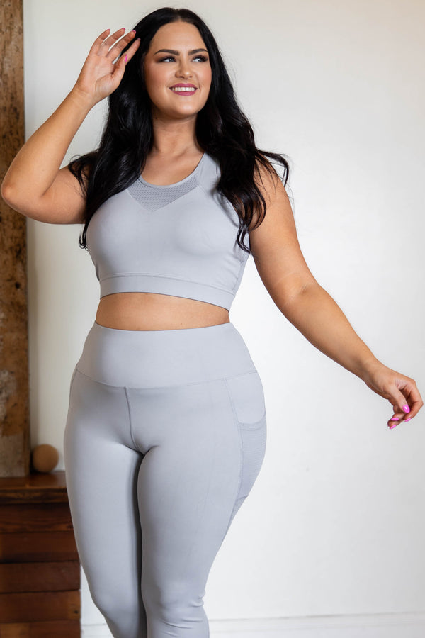 Chic Soul plus size clothing, light gray sports bra with mesh detailing