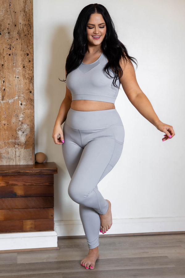 Chic Soul plus size clothing, light gray sports bra with mesh detailing