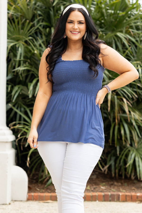 Chic Soul plus size clothing, denim colored smocked bodice tank