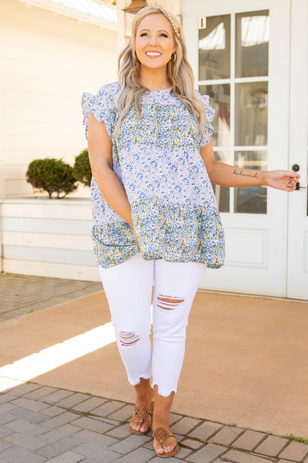 Chic Soul plus size clothing, blue white yellow dainty floral mix pattern short ruffle sleeve babydoll top