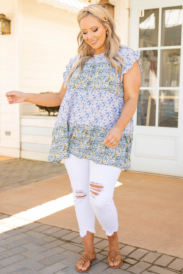 Chic Soul plus size clothing, blue white yellow dainty floral mix pattern short ruffle sleeve babydoll top