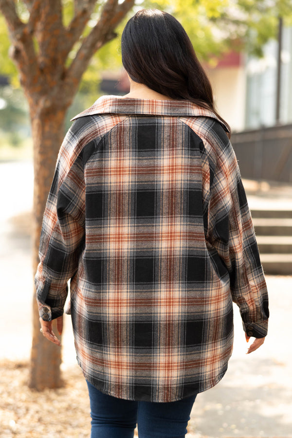 Chic Soul plus size clothing, black and orange flannel top