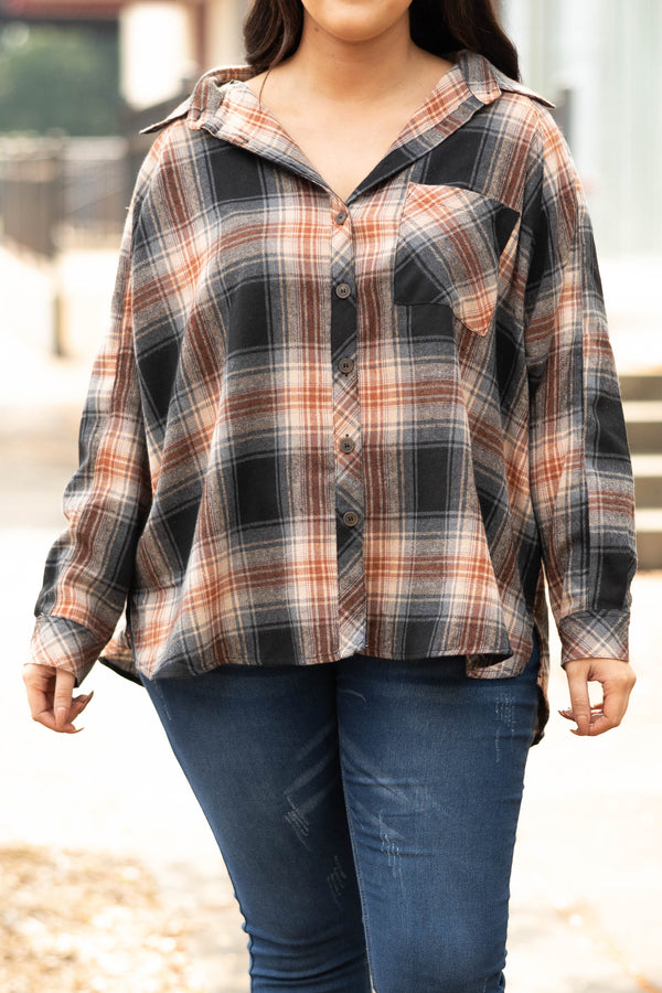 Chic Soul plus size clothing, black and orange flannel top