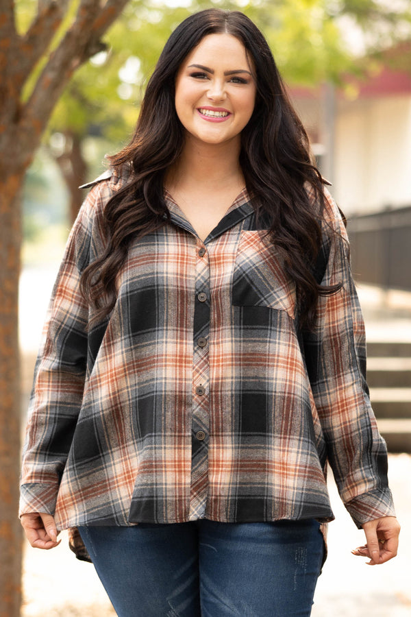 Chic Soul plus size clothing, black and orange flannel top