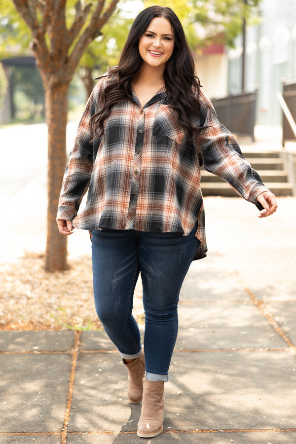 Chic Soul plus size clothing, black and orange flannel top