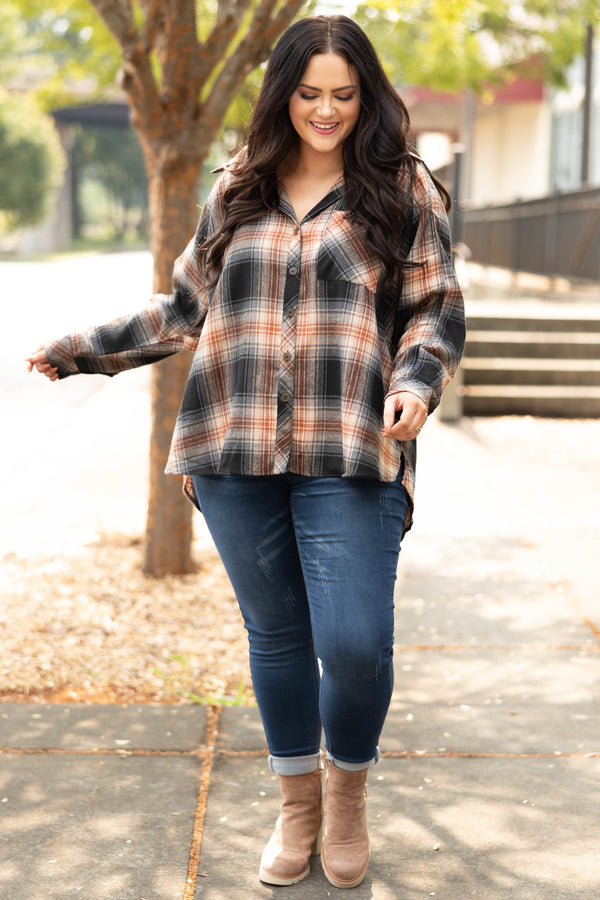 Chic Soul plus size clothing, black and orange flannel top