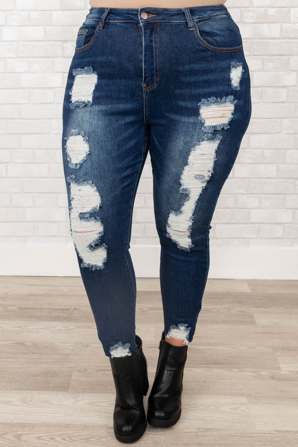 Chic Soul plus size clothing, dark wash distressed skinny jeans 