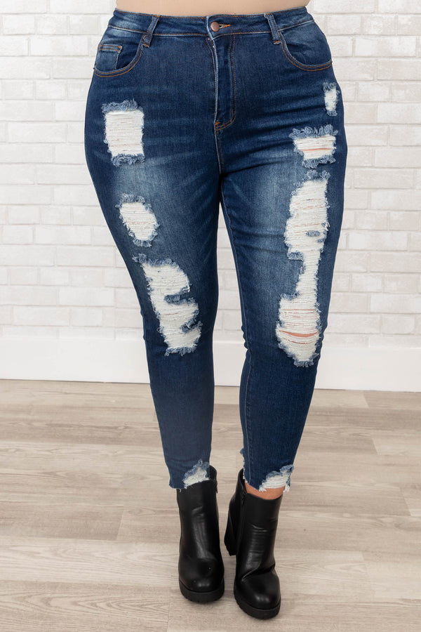 Chic Soul plus size clothing, dark wash distressed skinny jeans