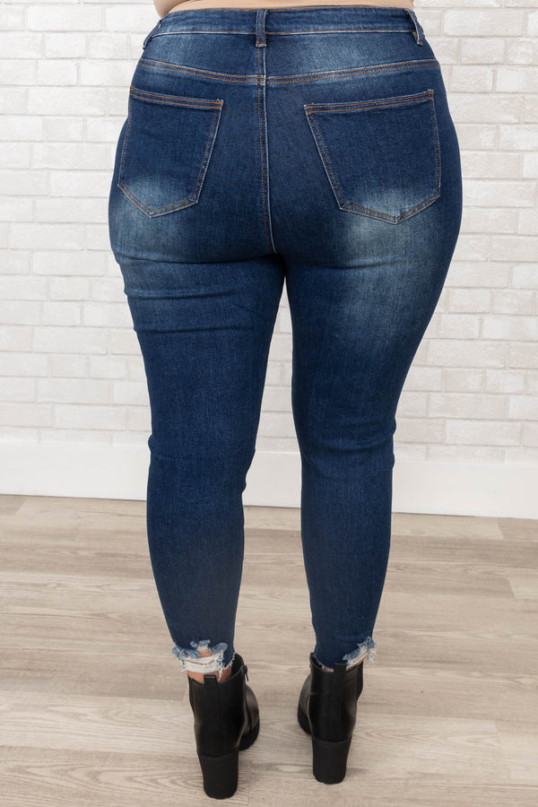 Chic Soul plus size clothing, dark wash distressed skinny jeans