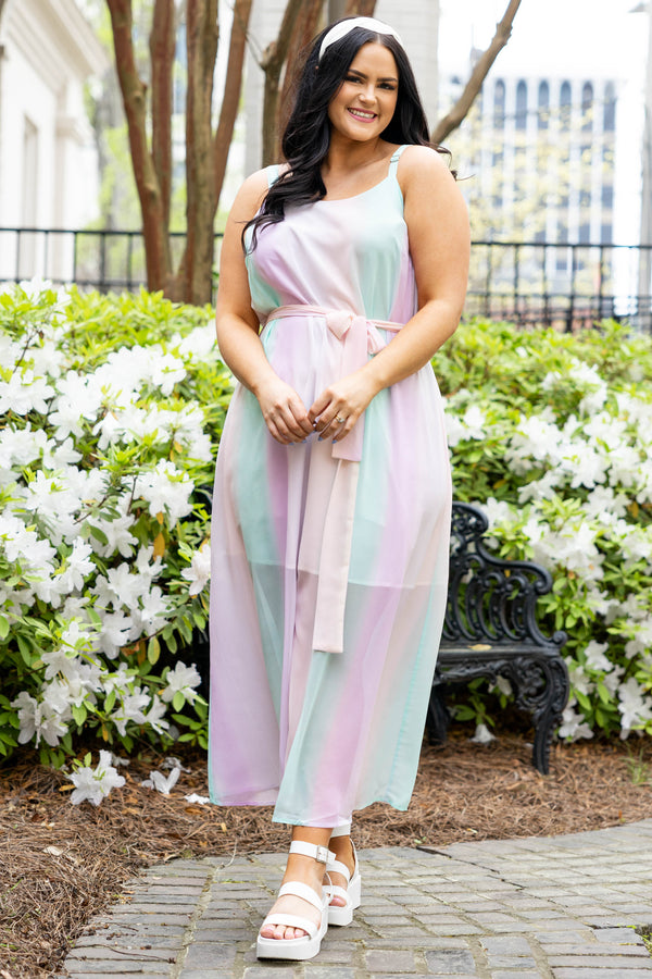 Chic Soul plus size clothing, multicolor flowy maxi dress with tie at waist