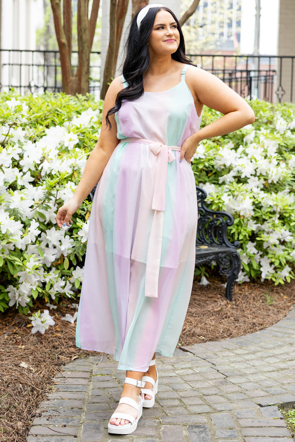 Chic Soul plus size clothing, multicolor flowy maxi dress with tie at waist