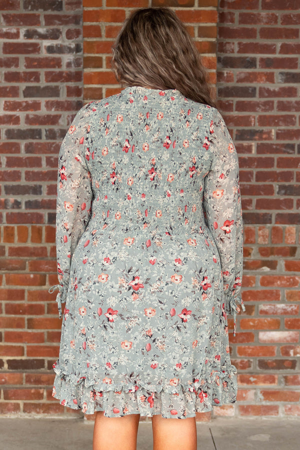 Chic Soul plus size clothing, sage green floral ruffle detail dress
