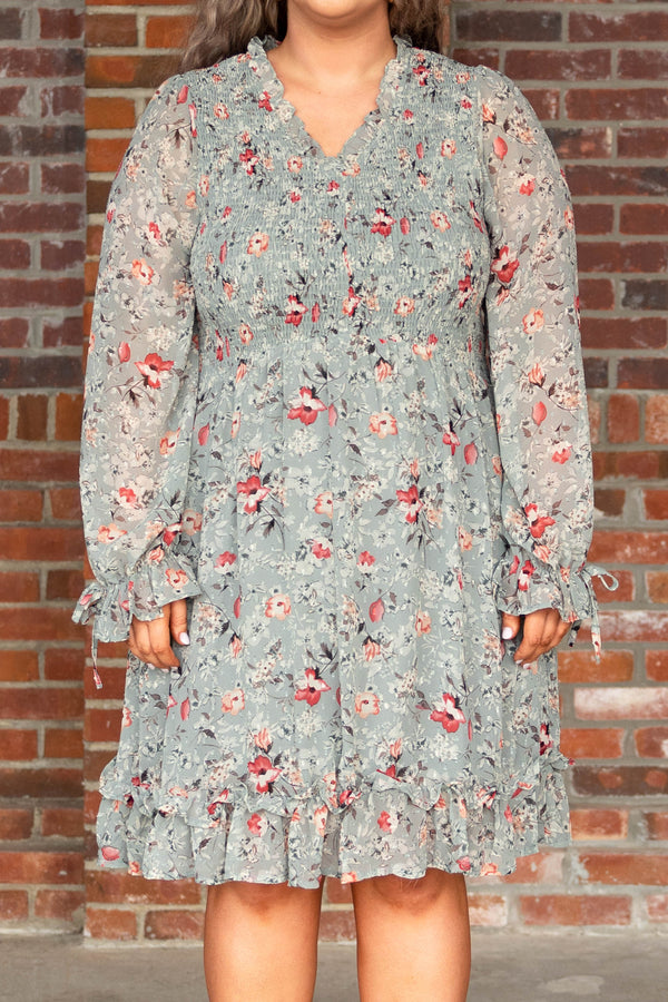 Chic Soul plus size clothing, sage green floral ruffle detail dress